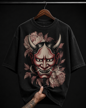 Japanese Hannya Mask and Flowers graphic T-shirt