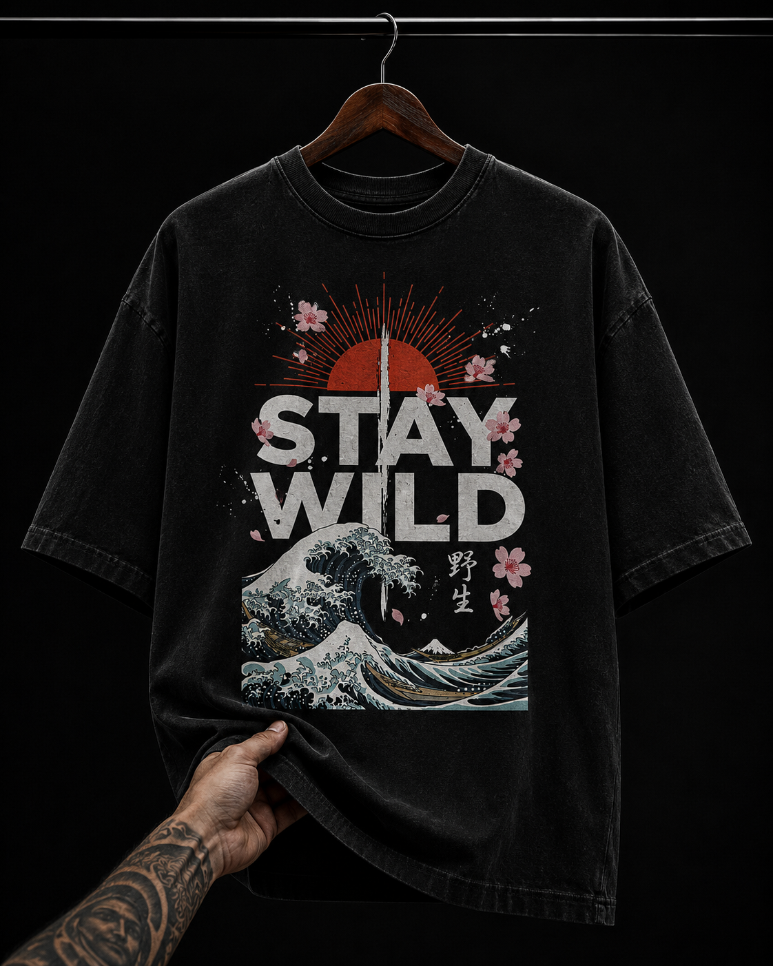 Stay Wild Japanese Wave and Cherry Blossom graphic T-shirt
