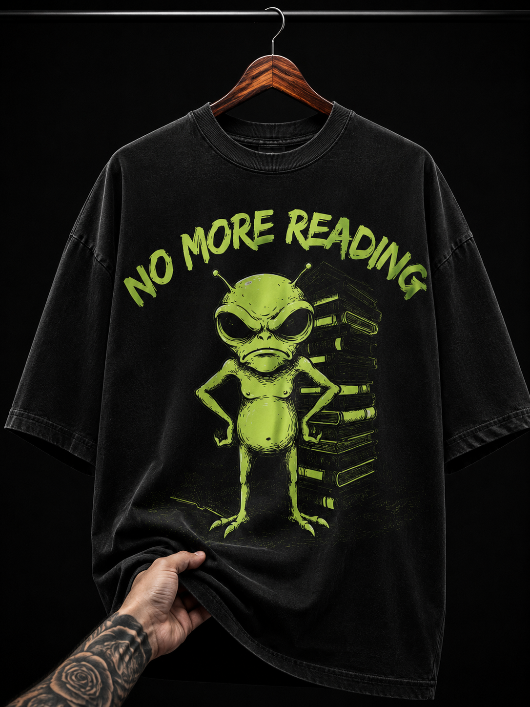 No More Reading Alien and Books graphic T-shirt