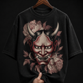 Japanese Hannya Mask and Flowers graphic T-shirt
