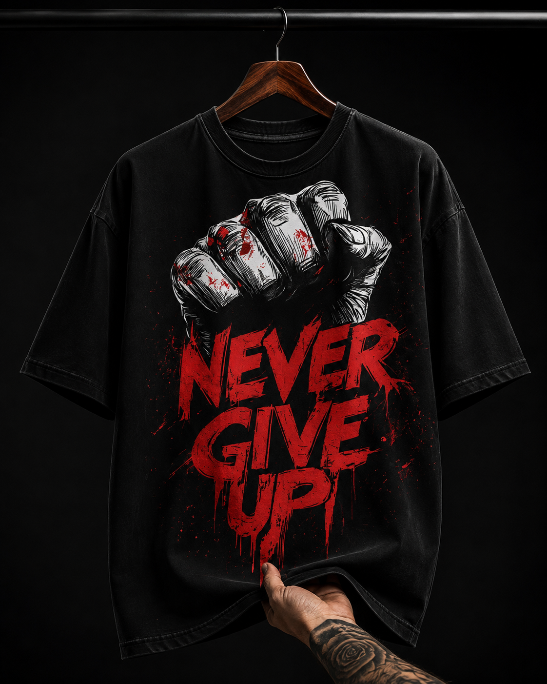 Never Give Up Punch Fist graphic T-shirt