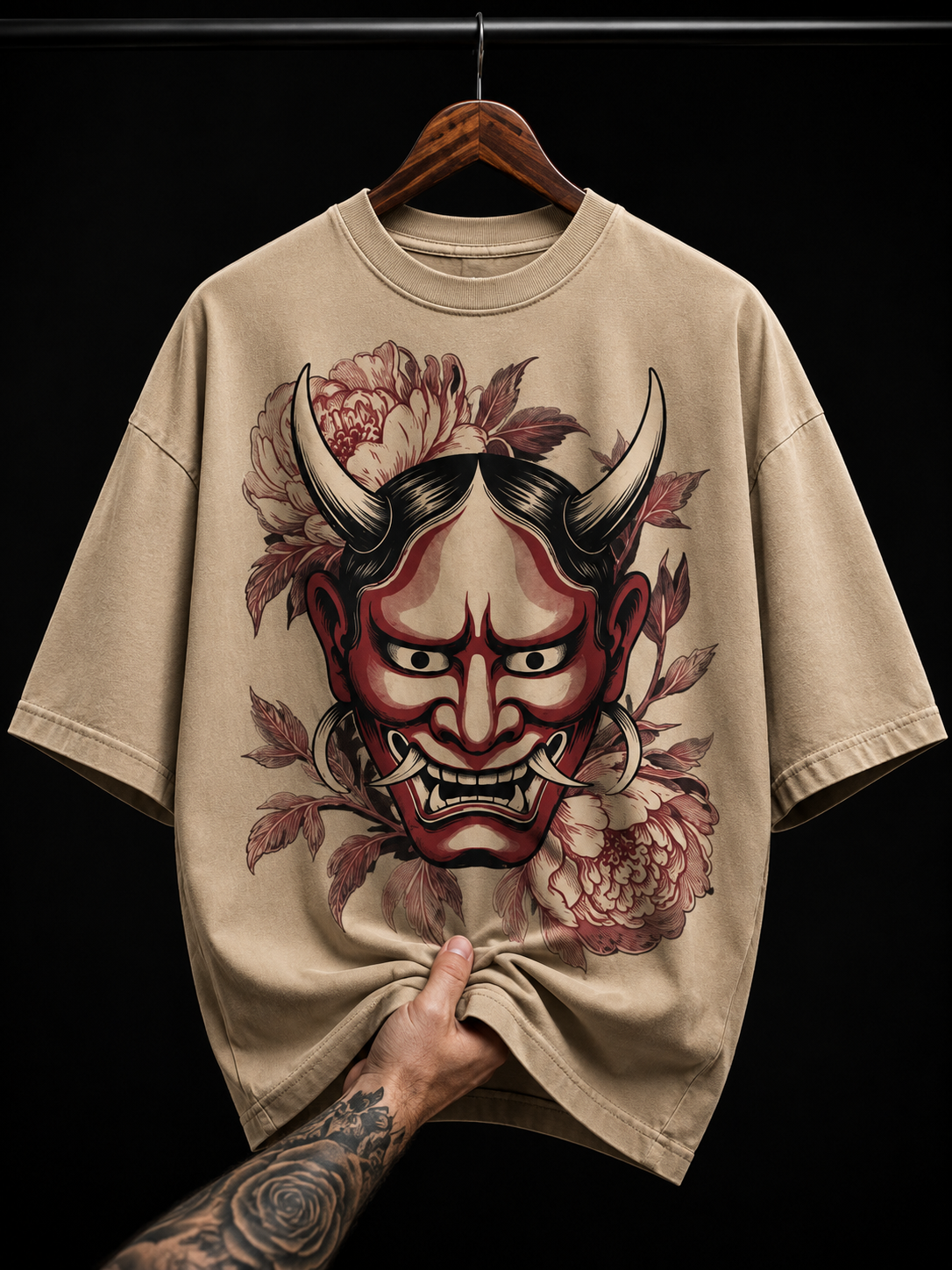 Japanese Hannya Mask and Flowers graphic T-shirt