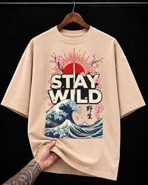 Stay Wild Japanese Wave and Cherry Blossom graphic T-shirt